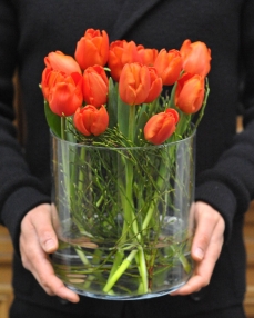 Flower arrangement with 15 orange tulips in glass vase