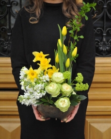 Elegant flower arrangement with roses, tulips, daffodils and matthiola, in ceramic bowl 