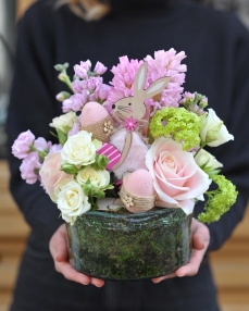 Pink Easter flower arrangement in glass bowl