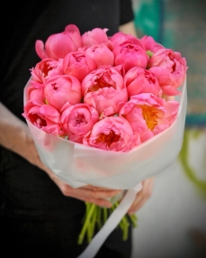 Bouquet with 15 coral peonies 