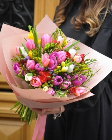 Spring bouquet with 51 tulips and freesia 