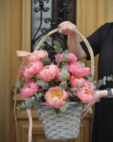Basket with 25 coral peonies 