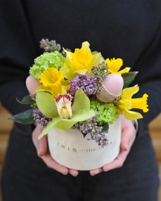 Easter box with cymbidium orchids and spring flowers