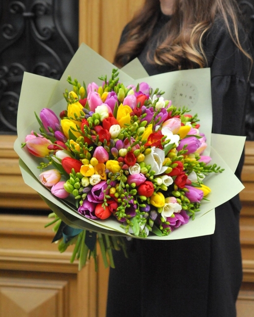 Spring bouquet with 101 tulips and freesiaa 
