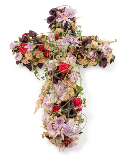 Funeral cross with cala and roses