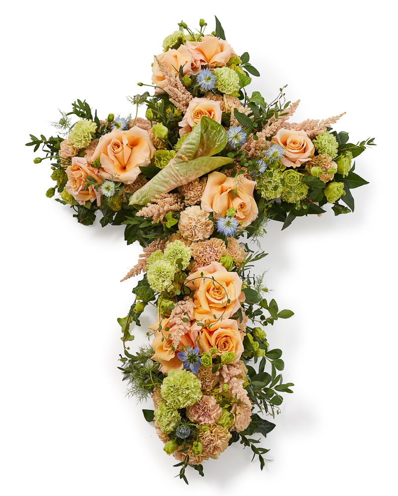 Funeral cross with roses and astilbe